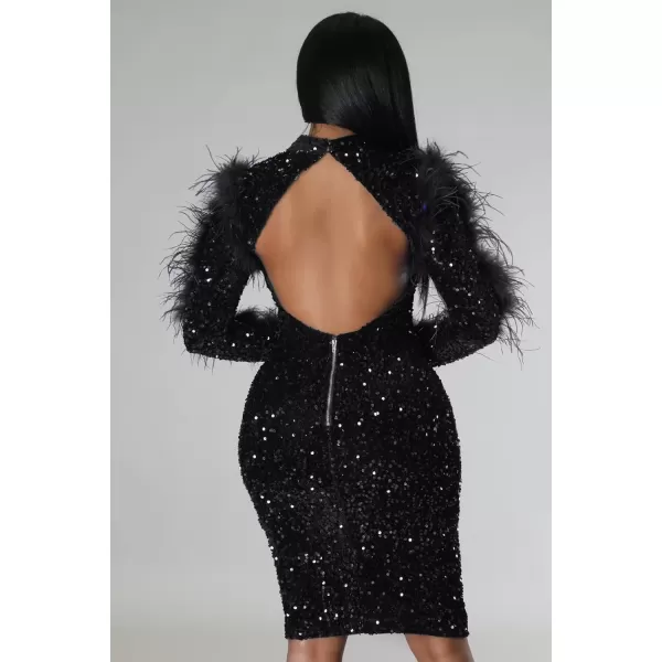 IyMoo Sequin Dress for Women Sexy Bodycon Long Sleeve Feather Sparkly Pencil Midi Dresses ClubwearA1 Black