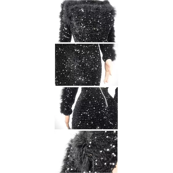 IyMoo Sequin Dress for Women Sexy Bodycon Long Sleeve Feather Sparkly Pencil Midi Dresses ClubwearA1 Black