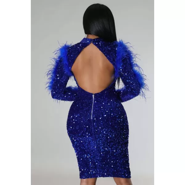 IyMoo Sequin Dress for Women Sexy Bodycon Long Sleeve Feather Sparkly Pencil Midi Dresses ClubwearA1 Blue