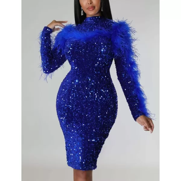 IyMoo Sequin Dress for Women Sexy Bodycon Long Sleeve Feather Sparkly Pencil Midi Dresses ClubwearA1 Blue