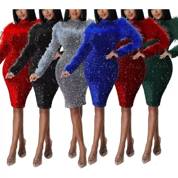 IyMoo Sequin Dress for Women Sexy Bodycon Long Sleeve Feather Sparkly Pencil Midi Dresses ClubwearA1 Blue
