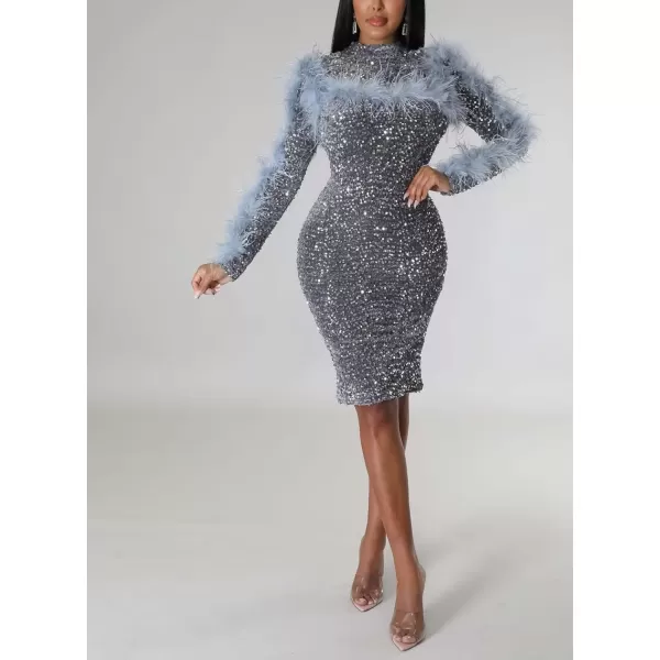 IyMoo Sequin Dress for Women Sexy Bodycon Long Sleeve Feather Sparkly Pencil Midi Dresses ClubwearA1 Grey
