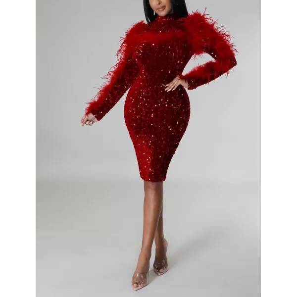 IyMoo Sequin Dress for Women Sexy Bodycon Long Sleeve Feather Sparkly Pencil Midi Dresses ClubwearA1 Winered
