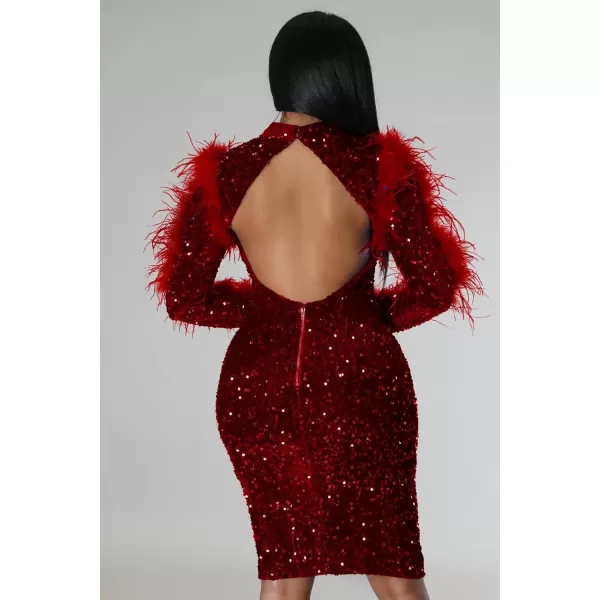 IyMoo Sequin Dress for Women Sexy Bodycon Long Sleeve Feather Sparkly Pencil Midi Dresses ClubwearA1 Winered