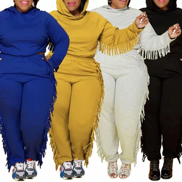 IyMoo Sexy 2 Piece Plus Size Tracksuit for Women Tassels Hoodie Crop Top Bodycon Pant Sets Sweatsuits OutfitsBlack