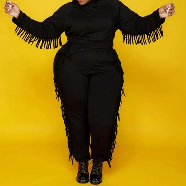 IyMoo Sexy 2 Piece Plus Size Tracksuit for Women Tassels Hoodie Crop Top Bodycon Pant Sets Sweatsuits OutfitsBlack