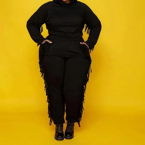 IyMoo Sexy 2 Piece Plus Size Tracksuit for Women Tassels Hoodie Crop Top Bodycon Pant Sets Sweatsuits OutfitsBlack