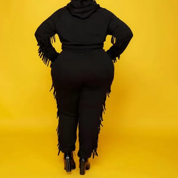 IyMoo Sexy 2 Piece Plus Size Tracksuit for Women Tassels Hoodie Crop Top Bodycon Pant Sets Sweatsuits OutfitsBlack