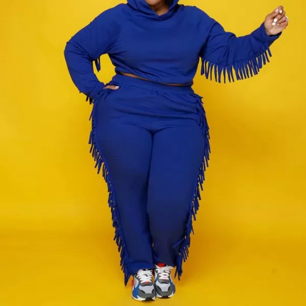 IyMoo Sexy 2 Piece Plus Size Tracksuit for Women Tassels Hoodie Crop Top Bodycon Pant Sets Sweatsuits OutfitsColor Blue