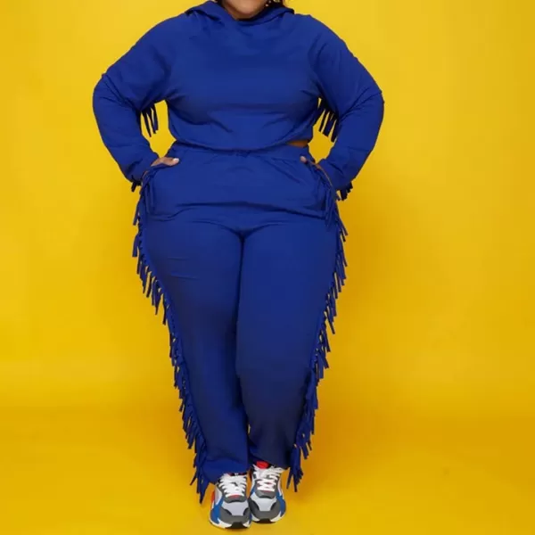 IyMoo Sexy 2 Piece Plus Size Tracksuit for Women Tassels Hoodie Crop Top Bodycon Pant Sets Sweatsuits OutfitsColor Blue