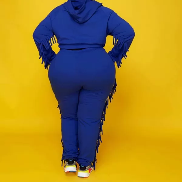 IyMoo Sexy 2 Piece Plus Size Tracksuit for Women Tassels Hoodie Crop Top Bodycon Pant Sets Sweatsuits OutfitsColor Blue