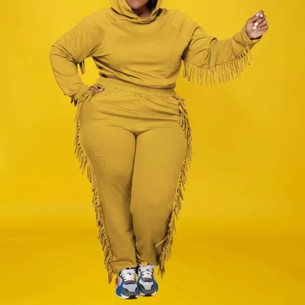 IyMoo Sexy 2 Piece Plus Size Tracksuit for Women Tassels Hoodie Crop Top Bodycon Pant Sets Sweatsuits OutfitsGinger Yellow