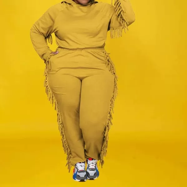 IyMoo Sexy 2 Piece Plus Size Tracksuit for Women Tassels Hoodie Crop Top Bodycon Pant Sets Sweatsuits OutfitsGinger Yellow