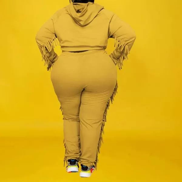IyMoo Sexy 2 Piece Plus Size Tracksuit for Women Tassels Hoodie Crop Top Bodycon Pant Sets Sweatsuits OutfitsGinger Yellow