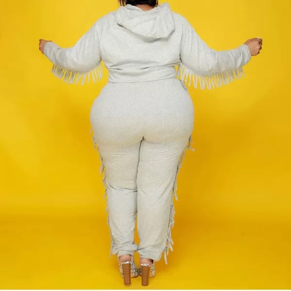 IyMoo Sexy 2 Piece Plus Size Tracksuit for Women Tassels Hoodie Crop Top Bodycon Pant Sets Sweatsuits OutfitsGray