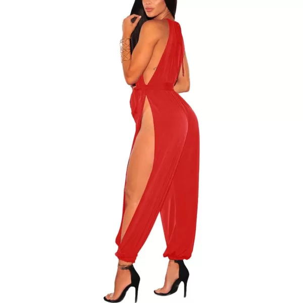 IyMoo Sexy Jumpsuits for Women One Piece Women Sleeveless Party Outfits Hight Split Pants RomperRed