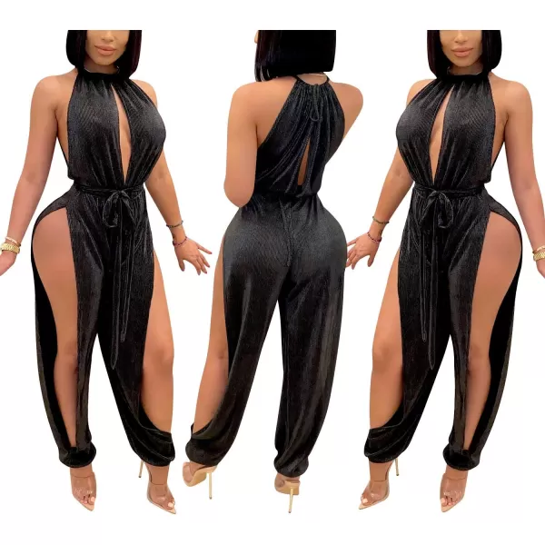 IyMoo Sexy Jumpsuits for Women One Piece Women Sleeveless Party Outfits Hight Split Pants RomperSolid Black