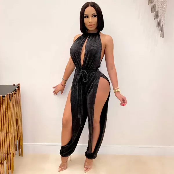 IyMoo Sexy Jumpsuits for Women One Piece Women Sleeveless Party Outfits Hight Split Pants RomperSolid Black