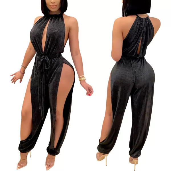 IyMoo Sexy Jumpsuits for Women One Piece Women Sleeveless Party Outfits Hight Split Pants RomperSolid Black