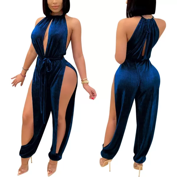 IyMoo Sexy Jumpsuits for Women One Piece Women Sleeveless Party Outfits Hight Split Pants RomperSolid Blue