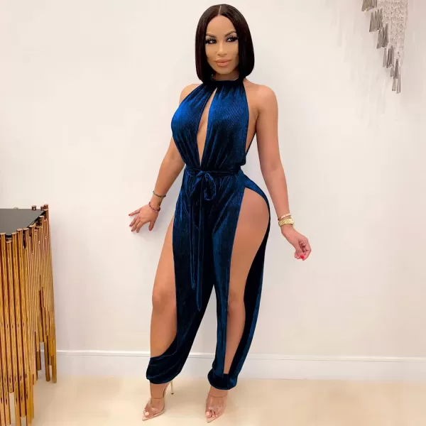 IyMoo Sexy Jumpsuits for Women One Piece Women Sleeveless Party Outfits Hight Split Pants RomperSolid Blue