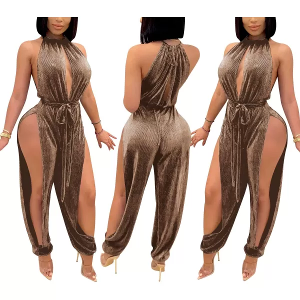 IyMoo Sexy Jumpsuits for Women One Piece Women Sleeveless Party Outfits Hight Split Pants RomperSolid Brown