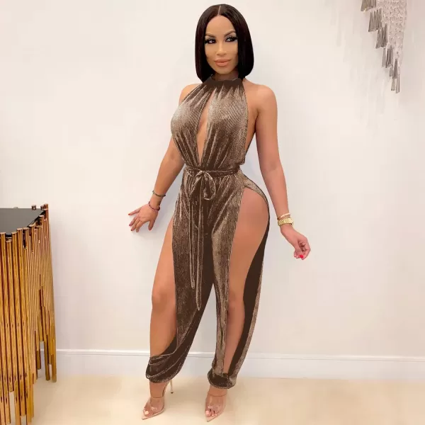 IyMoo Sexy Jumpsuits for Women One Piece Women Sleeveless Party Outfits Hight Split Pants RomperSolid Brown