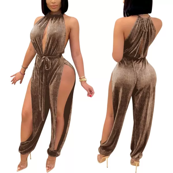 IyMoo Sexy Jumpsuits for Women One Piece Women Sleeveless Party Outfits Hight Split Pants RomperSolid Brown