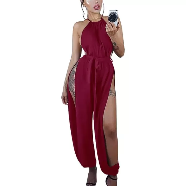 IyMoo Sexy Jumpsuits for Women One Piece Women Sleeveless Party Outfits Hight Split Pants RomperWine Red
