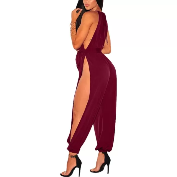 IyMoo Sexy Jumpsuits for Women One Piece Women Sleeveless Party Outfits Hight Split Pants RomperWine Red