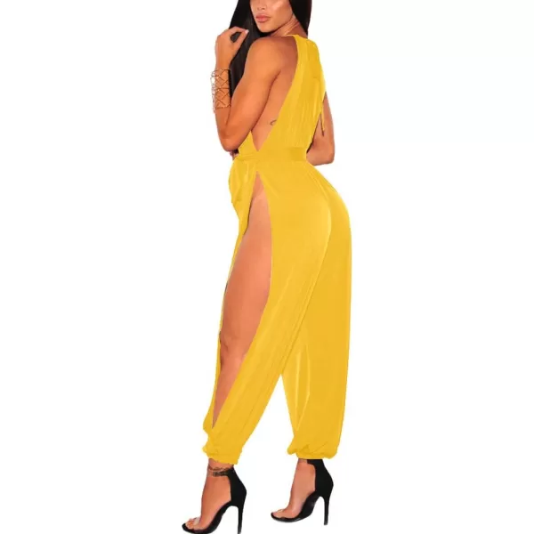 IyMoo Sexy Jumpsuits for Women One Piece Women Sleeveless Party Outfits Hight Split Pants RomperYellow