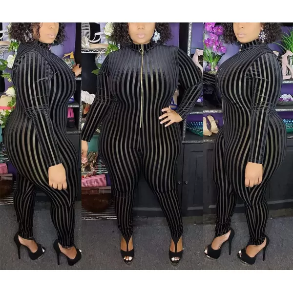 IyMoo Sexy Plus Size Jumpsuits for Women  Long Sleeve Leopard Print Zip V Neck Bodycon Long Romper PlaysuitsBlack