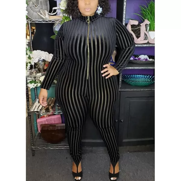 IyMoo Sexy Plus Size Jumpsuits for Women  Long Sleeve Leopard Print Zip V Neck Bodycon Long Romper PlaysuitsBlack