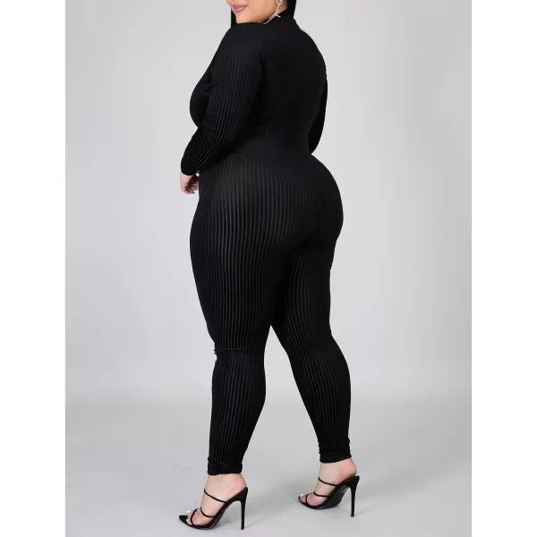 IyMoo Sexy Plus Size Jumpsuits for Women  Long Sleeve Leopard Print Zip V Neck Bodycon Long Romper PlaysuitsBlack