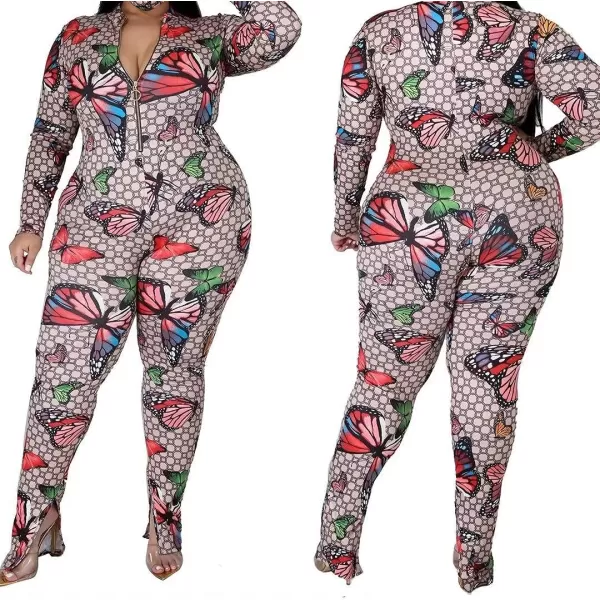 IyMoo Sexy Plus Size Jumpsuits for Women  Long Sleeve Leopard Print Zip V Neck Bodycon Long Romper PlaysuitsButterfly