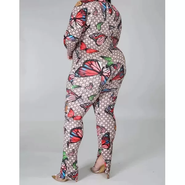 IyMoo Sexy Plus Size Jumpsuits for Women  Long Sleeve Leopard Print Zip V Neck Bodycon Long Romper PlaysuitsButterfly
