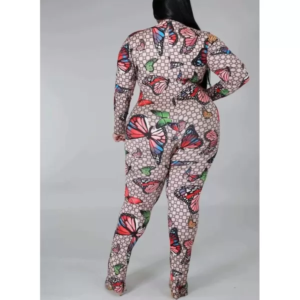 IyMoo Sexy Plus Size Jumpsuits for Women  Long Sleeve Leopard Print Zip V Neck Bodycon Long Romper PlaysuitsButterfly
