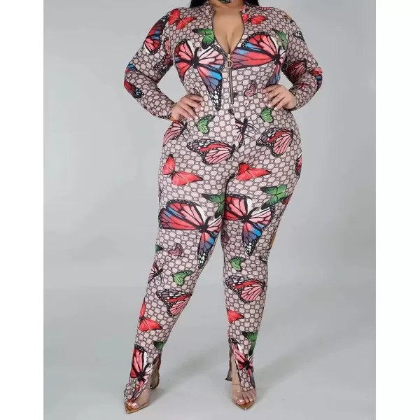 IyMoo Sexy Plus Size Jumpsuits for Women  Long Sleeve Leopard Print Zip V Neck Bodycon Long Romper PlaysuitsButterfly
