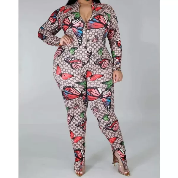 IyMoo Sexy Plus Size Jumpsuits for Women  Long Sleeve Leopard Print Zip V Neck Bodycon Long Romper PlaysuitsButterfly