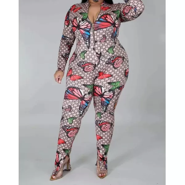 IyMoo Sexy Plus Size Jumpsuits for Women  Long Sleeve Leopard Print Zip V Neck Bodycon Long Romper PlaysuitsButterfly