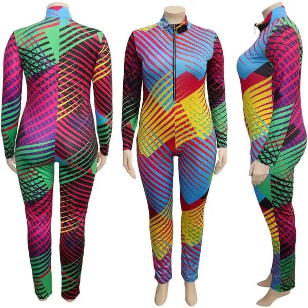 IyMoo Sexy Plus Size Jumpsuits for Women  Long Sleeve Leopard Print Zip V Neck Bodycon Long Romper PlaysuitsMulticolored