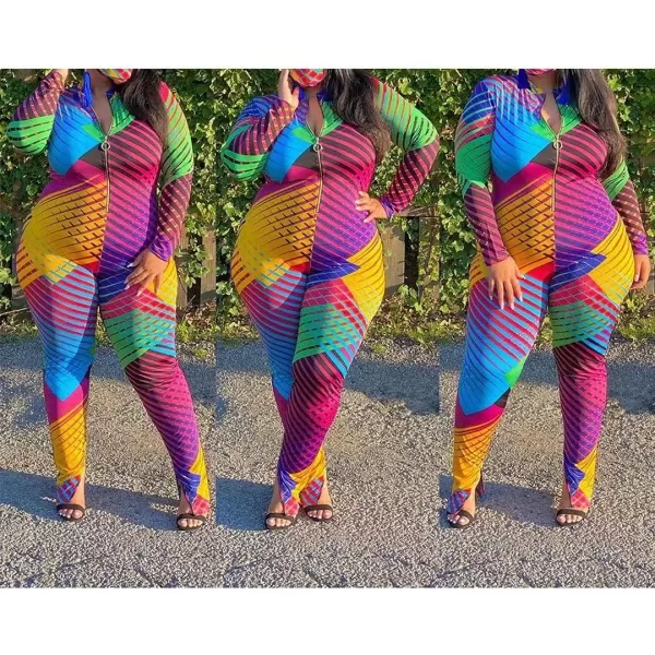 IyMoo Sexy Plus Size Jumpsuits for Women  Long Sleeve Leopard Print Zip V Neck Bodycon Long Romper PlaysuitsMulticolored
