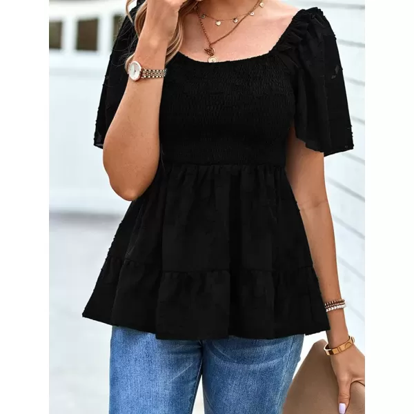 IyMoo Summer Blouses for Women Square Neck Smocked Lace Mesh Tiered Tops Layered Babydoll Tunic ShirtsBlack