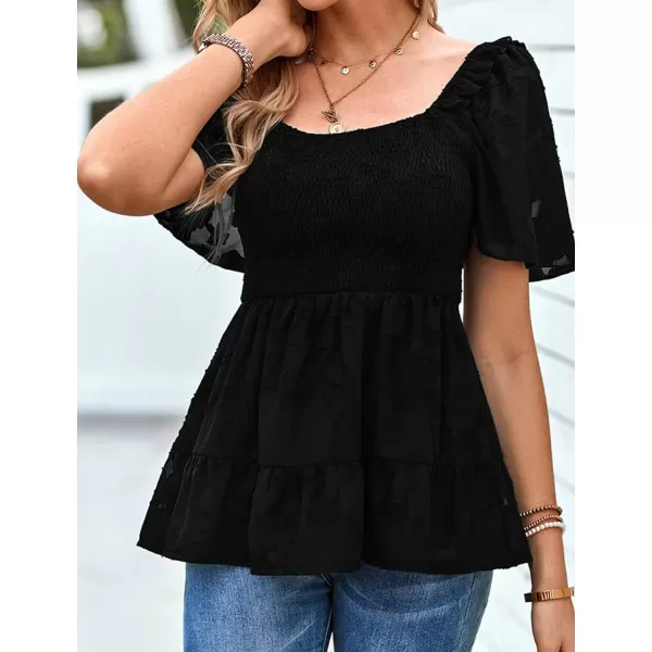 IyMoo Summer Blouses for Women Square Neck Smocked Lace Mesh Tiered Tops Layered Babydoll Tunic ShirtsBlack