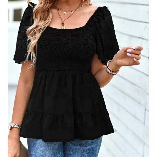 IyMoo Summer Blouses for Women Square Neck Smocked Lace Mesh Tiered Tops Layered Babydoll Tunic ShirtsBlack