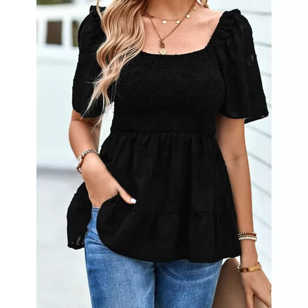 IyMoo Summer Blouses for Women Square Neck Smocked Lace Mesh Tiered Tops Layered Babydoll Tunic ShirtsBlack
