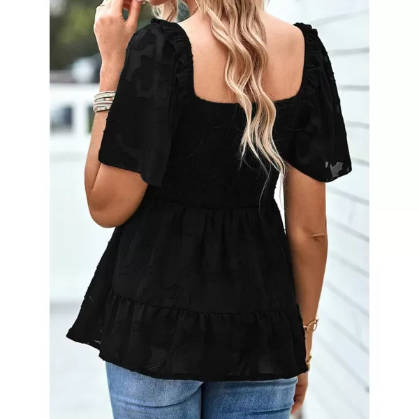IyMoo Summer Blouses for Women Square Neck Smocked Lace Mesh Tiered Tops Layered Babydoll Tunic ShirtsBlack