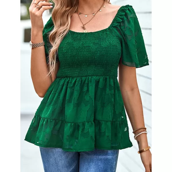 IyMoo Summer Blouses for Women Square Neck Smocked Lace Mesh Tiered Tops Layered Babydoll Tunic ShirtsGreen