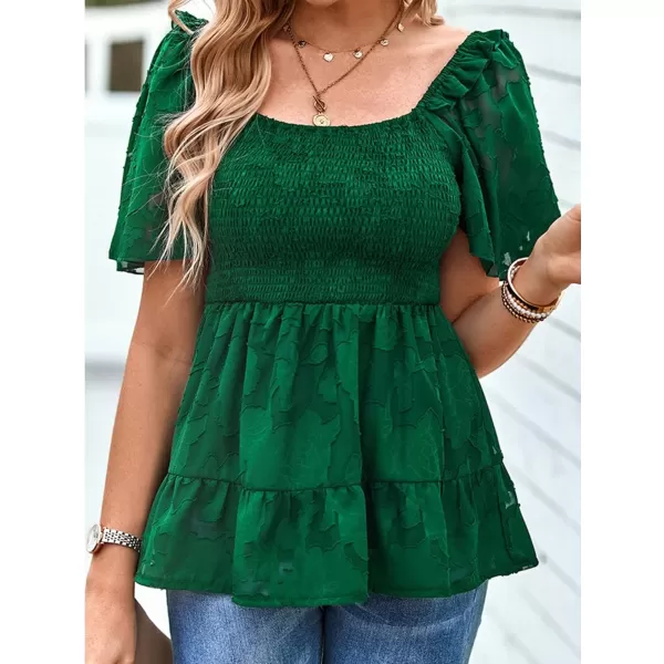 IyMoo Summer Blouses for Women Square Neck Smocked Lace Mesh Tiered Tops Layered Babydoll Tunic ShirtsGreen