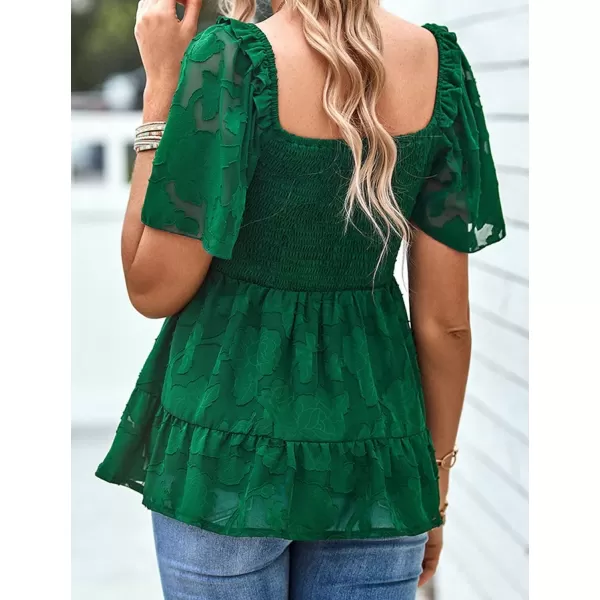 IyMoo Summer Blouses for Women Square Neck Smocked Lace Mesh Tiered Tops Layered Babydoll Tunic ShirtsGreen